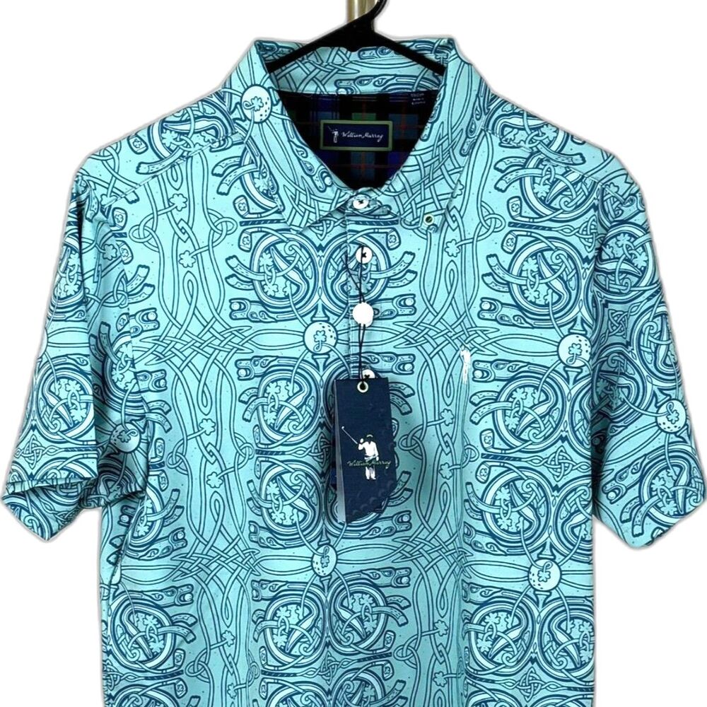 William Murray Golf Men's Celtic Knot Golf Polo Aqua Medium NWT